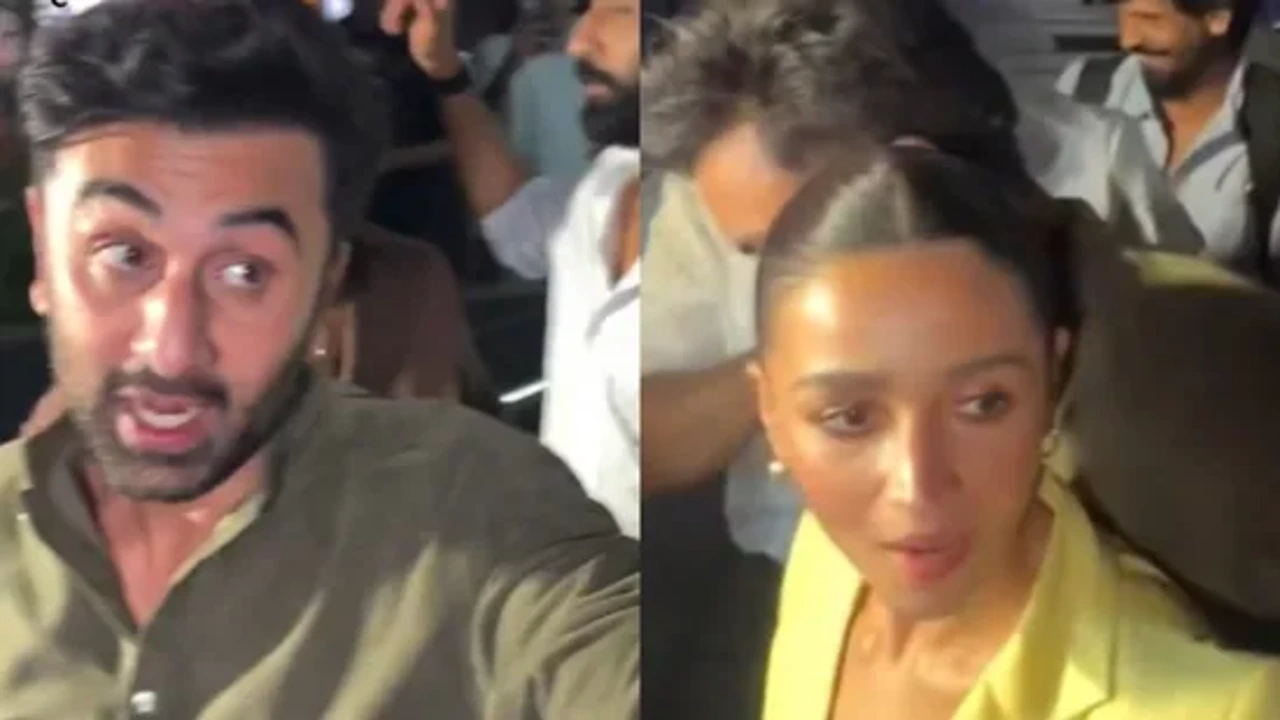 Ranbir Kapoor Alia Bhatt Vicky Kaushal के साथ पपराजी को पोज देते हुए