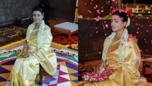 Samantha Ruth Prabhu at her baby shower in a Kanjivaram saree and gold jewellery